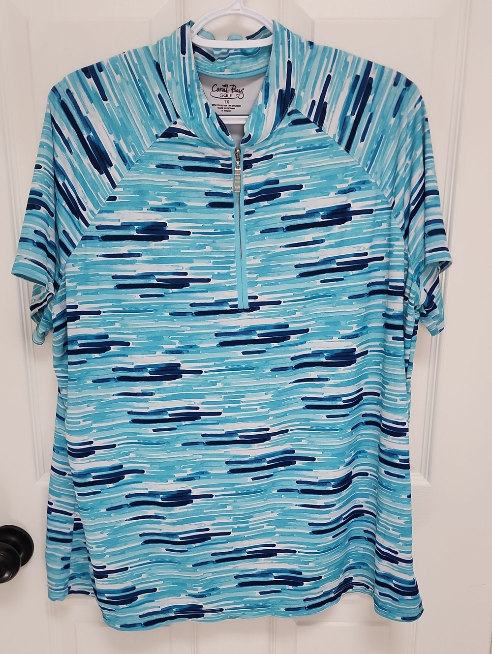 Coral Bay Size 1X Aqua & Navy Brushstroke Half-Zip Swim Top